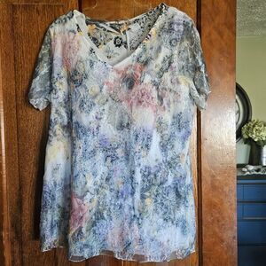 Brittany Black Women's White Black‎ Yellow Pink Lace Overlay Flower Print Top S
